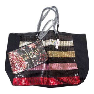 VICTORIA'S SECRET Large Travel Canvas/Sequin Striped Tote Bag Black W/ pouch New